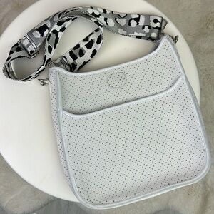 NWOT Ah.dorned White Neoprene Bag with Leopard Pattern Strap
